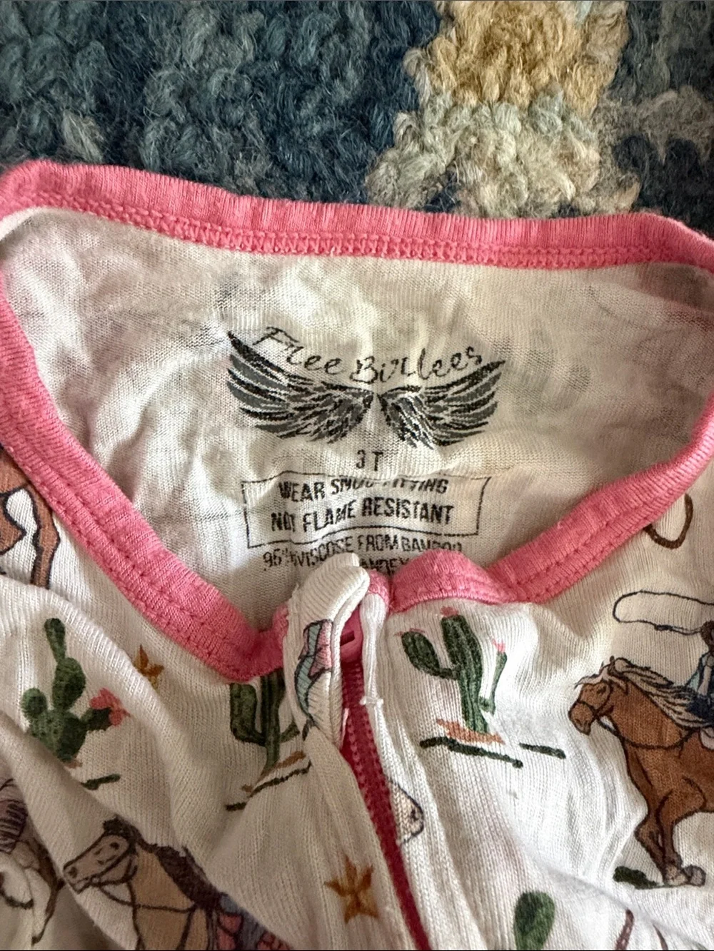 Kids White Cowboy Print Footless Pajama One-Piece with Pink Trim
